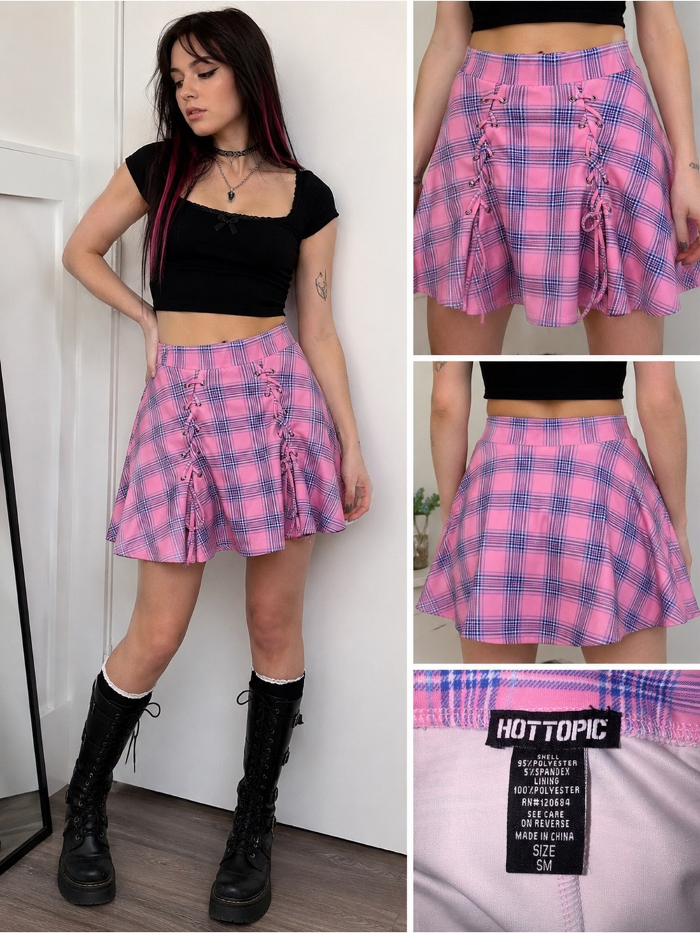 Hot Topic Pink Blue Plaid Lace-Up Skater Mini Skirt Size S